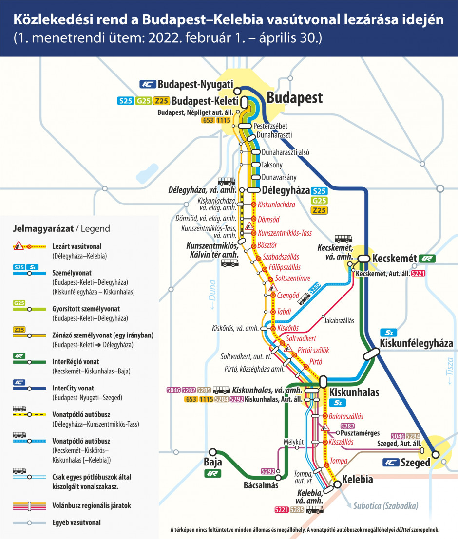 Budapest-Kelebia vonali térkép - vonatpótlás 2022. február 1-jétől