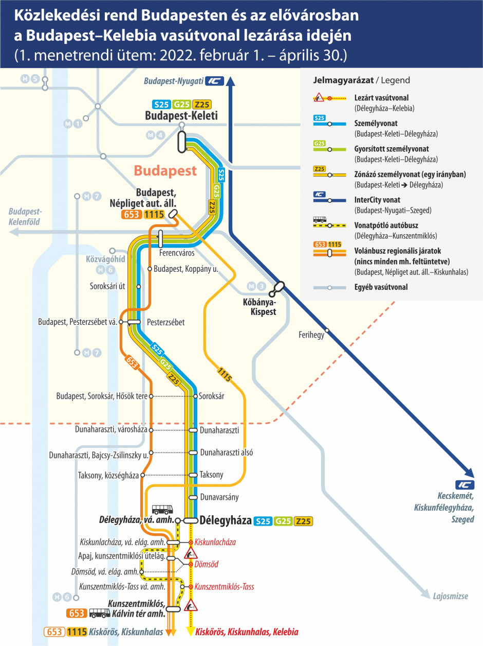 Budapest-Kunszentmiklós-Tass vonalszakasz térképe - vonatpótlás 2022. február 1-jétől